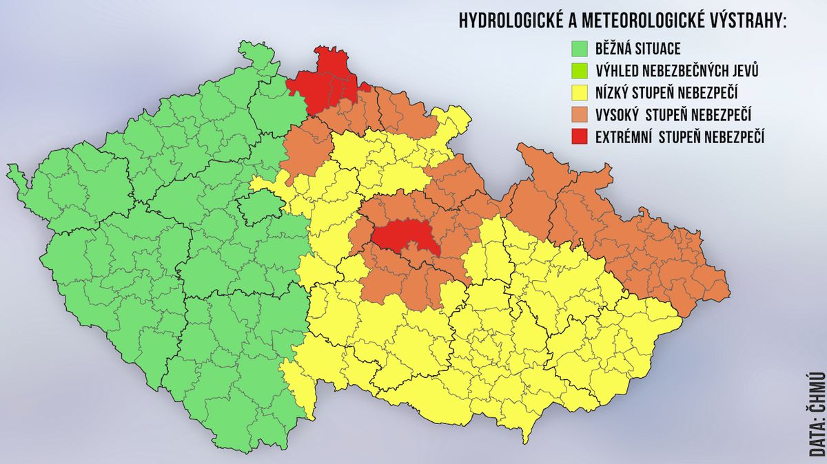 ČHMÚ: Extrémní nebezpečí hrozí v Krkonoších, Jizerských horách a nově i na Chrudimsku